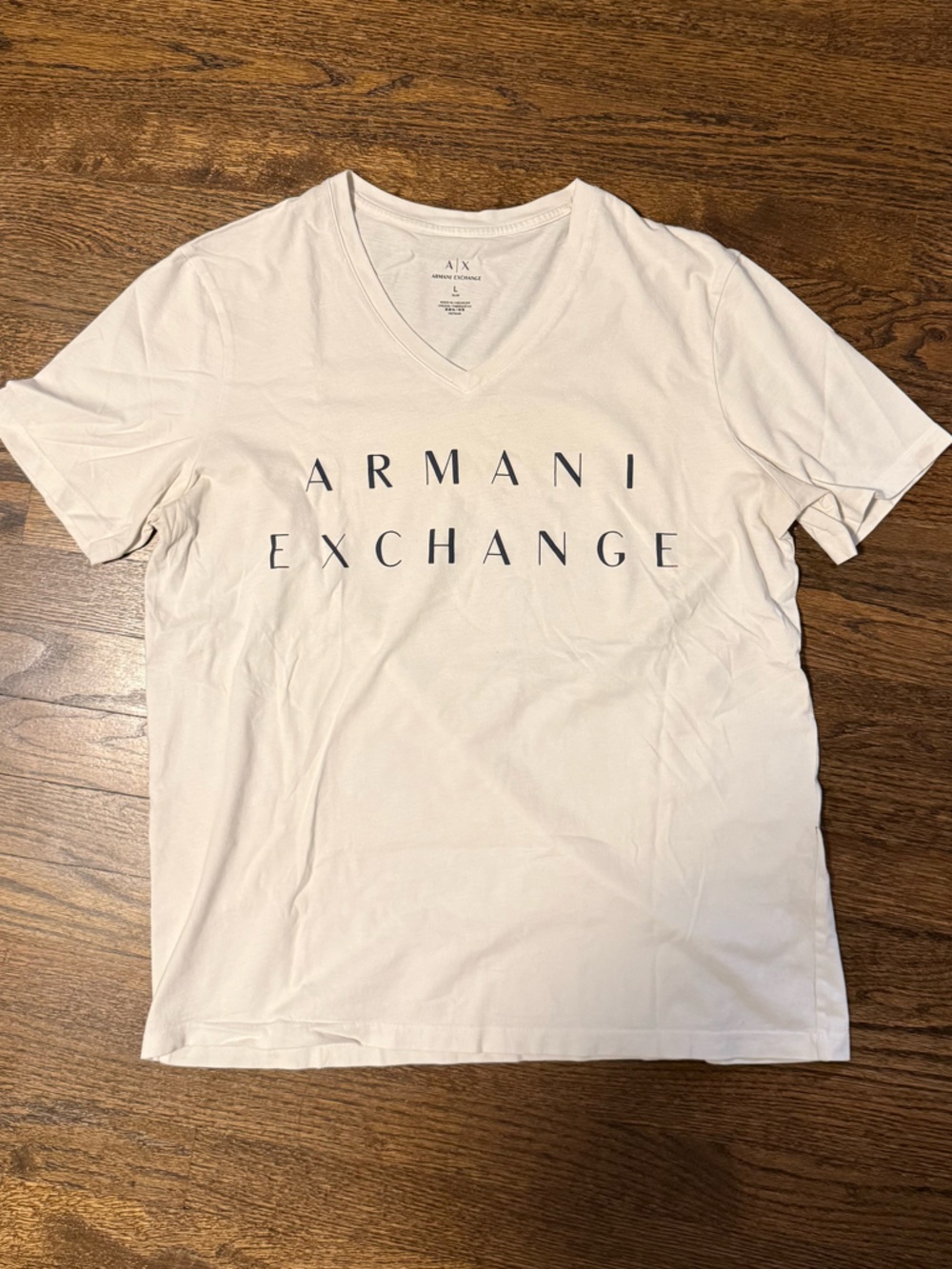 Armani Exchange White V-Neck Logo Tee with Black Lettering